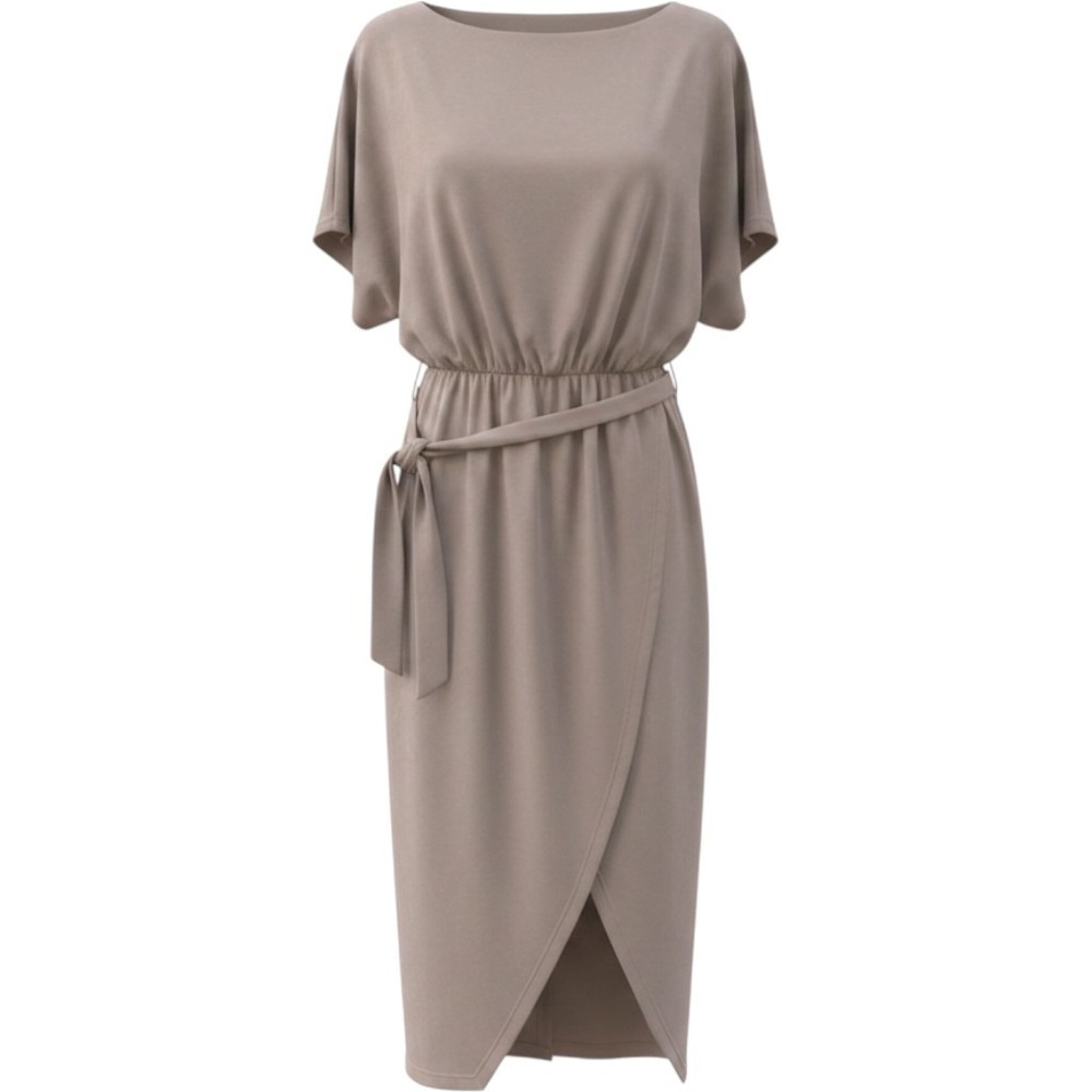 Halara Taupe Mauve Short Sleeve Elastic Waist Tie Belt Tulip Hem Midi Dress M